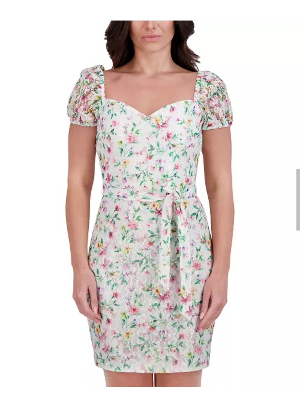 Kensie NWT Floral Lace Dress Size 14 Puff Sleeve Sweetheart Neck White Pink - Picture 2 of 9